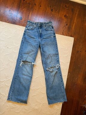 Distressed Straight-Leg Blue Jeans